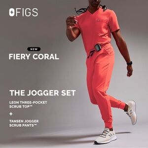 Set - Fiery Coral Leon Scrub Top L /Tansen Jogger Scrub Pants M Short